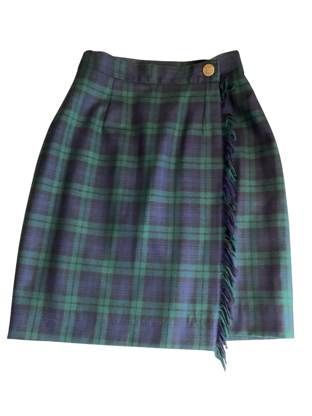 JH Collectibles Wool Green & Navy Plaid Fringe Wrap Midi Skirt - Picture 3 of 10